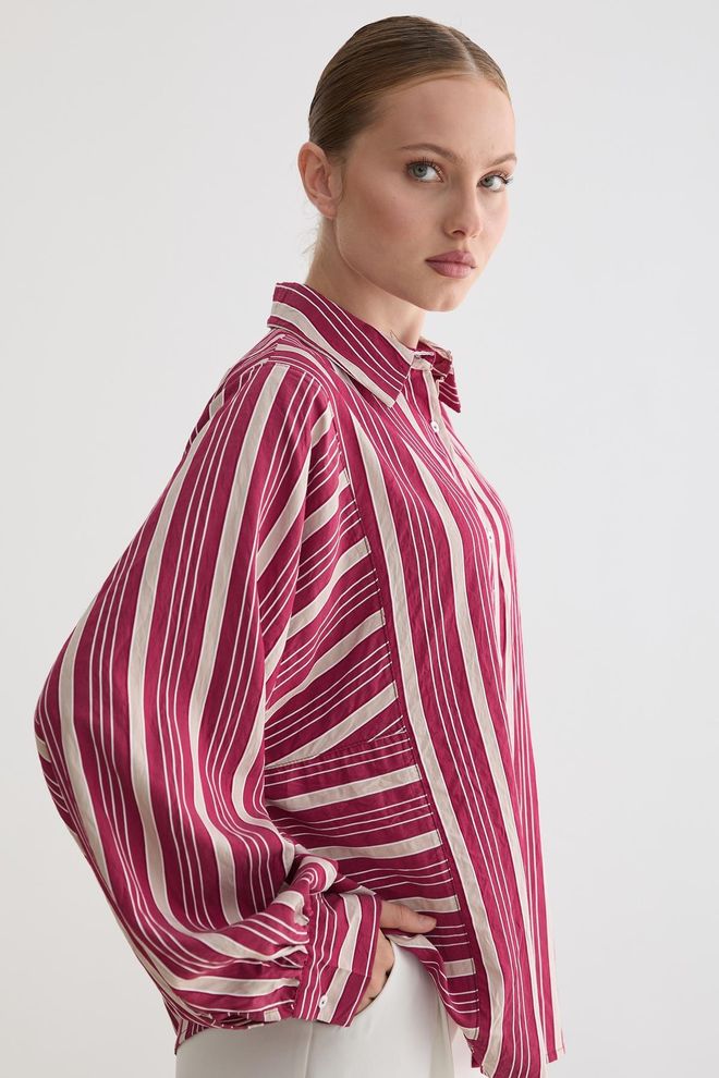 Levure Claret Red Striped Casual Oversized Shirt Wholesale Clothing Lounge