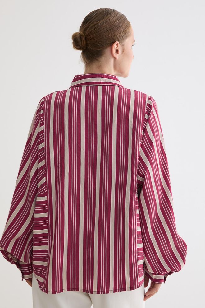 Levure Claret Red Striped Casual Oversized Shirt Wholesale Clothing Spring
