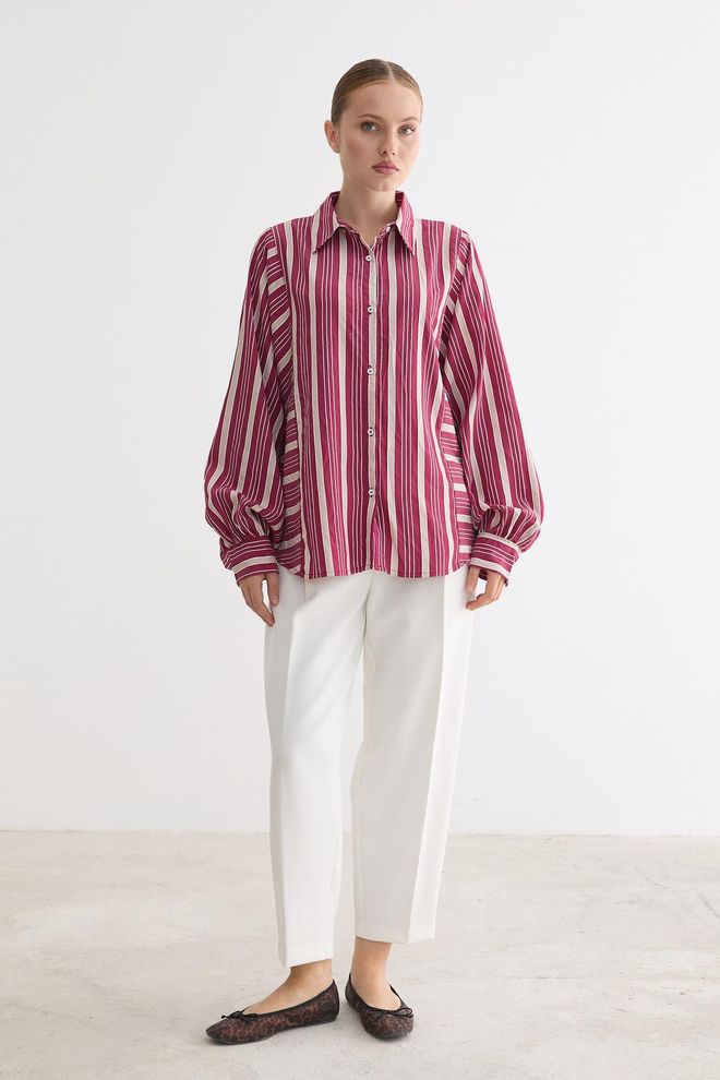 Levure Bordeauxrood Gestreept Casual Oversized Shirt Groothandel Kleding Casual