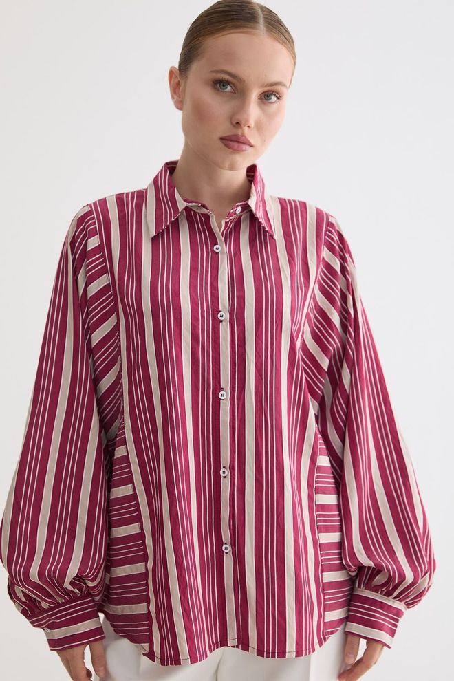 Levure Claret Red Striped Casual Oversized Shirt Wholesale Clothing 1