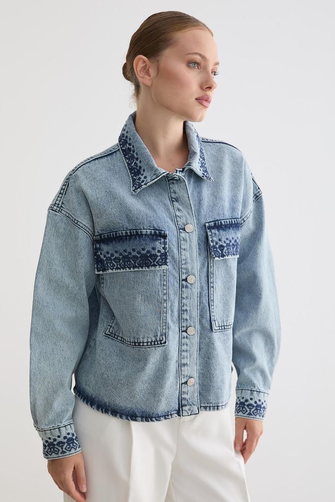 Levure Chaqueta Camisa De Sobrecamisa Azul Con Patrón De Pinceladas Ropa al por mayor 1