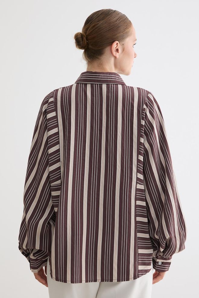 Levure Brown Striped Oversized Fit Shirt With Ballon Sleeves Wholesale Clothing Spring