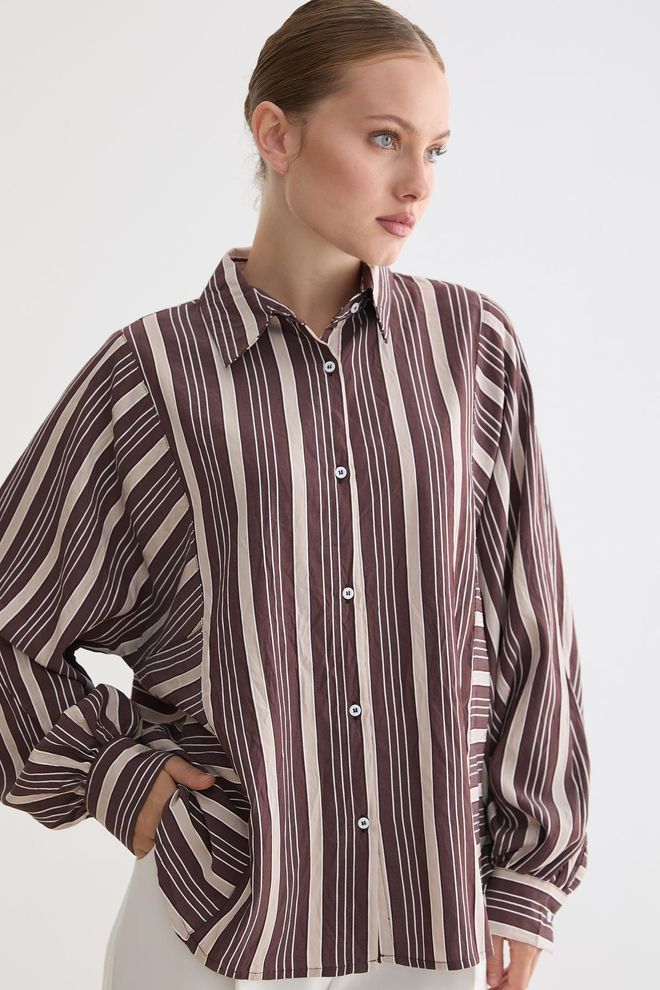 Levure Brown Striped Oversized Fit Shirt With Ballon Sleeves Wholesale Clothing Work