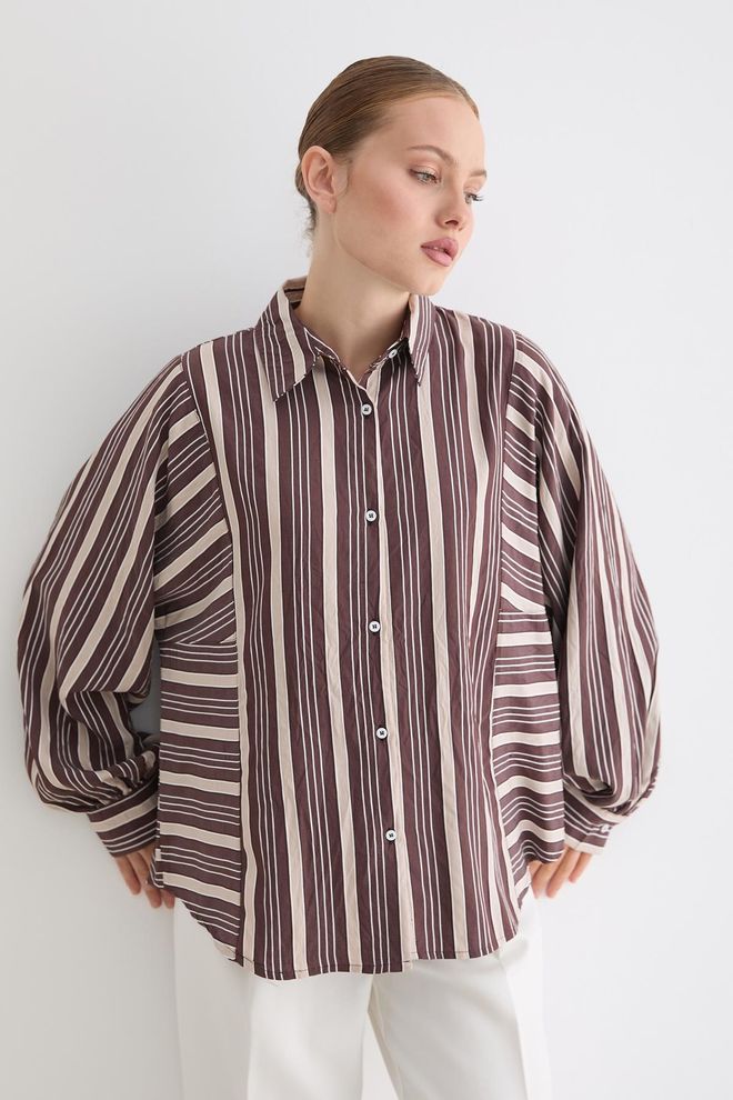 Levure Brown Striped Oversized Fit Shirt With Ballon Sleeves Wholesale Clothing 1