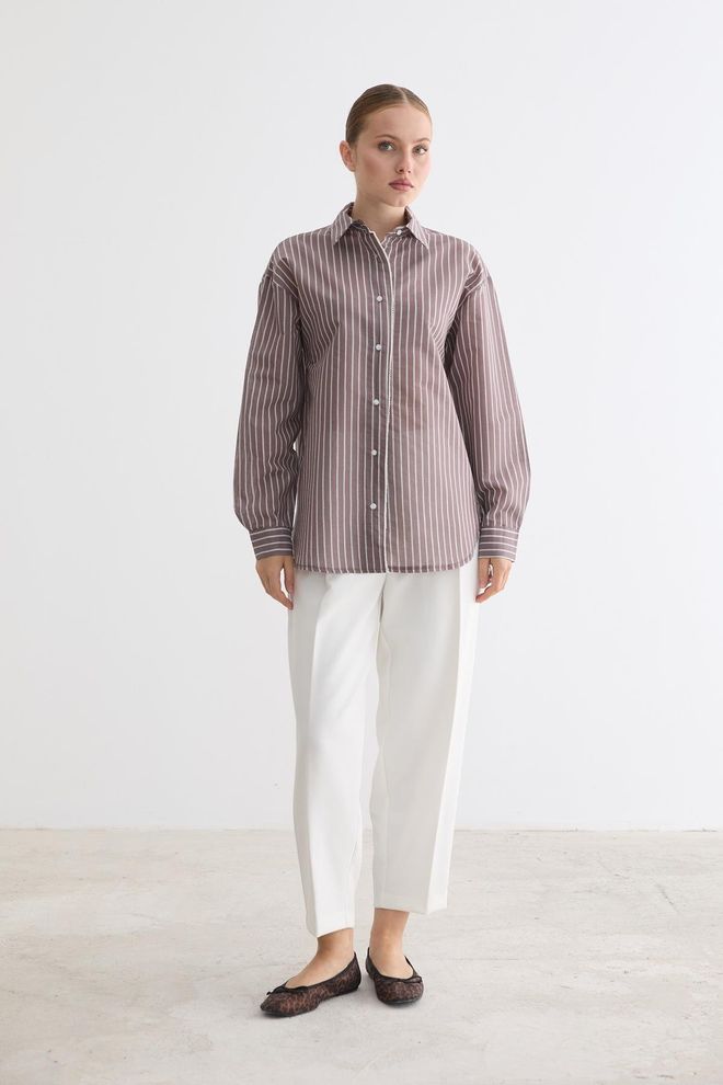 Levure Bruine Gestreepte Casual Formele Shirt Groothandel Kleding Casual