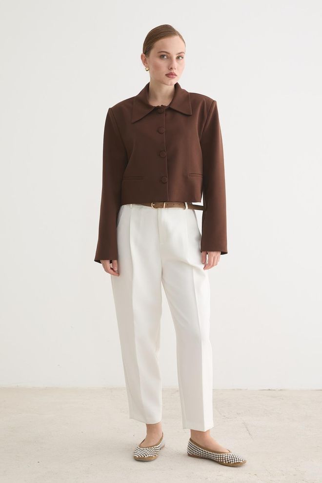 Levure Manteau Crop Brun Formel Simple Boutonnage Vêtements en gros Ancien