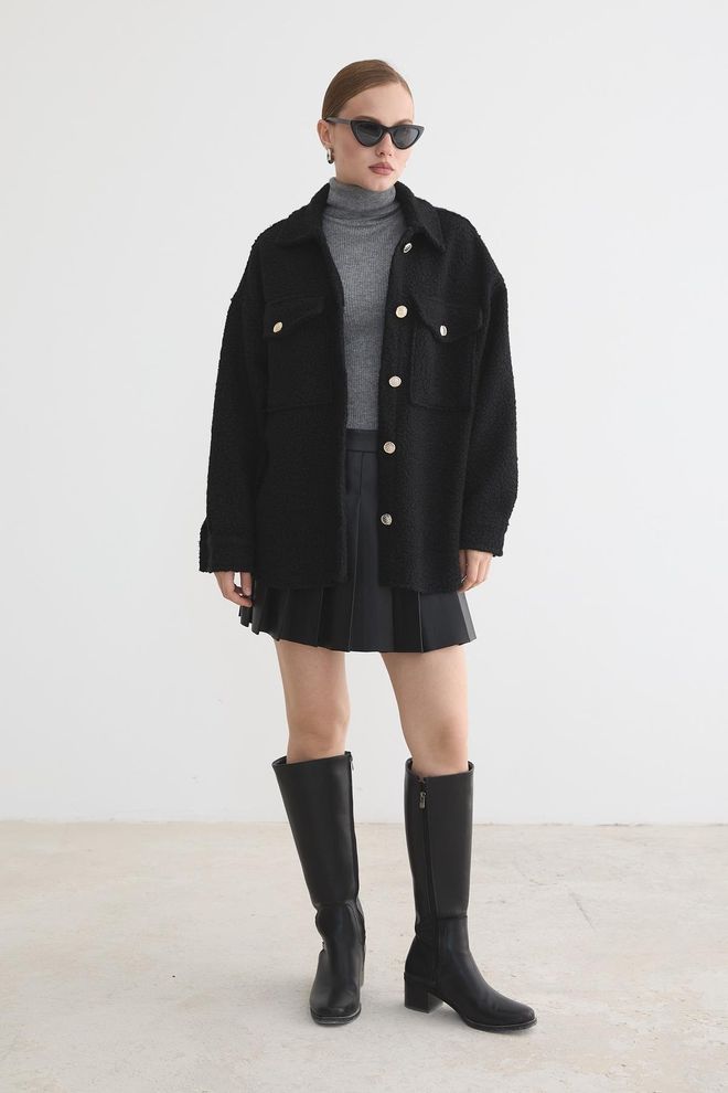 Levure Manteau Shacket Noir Grande Taille Avec Poches À Rabat Vêtements en gros Décontracté