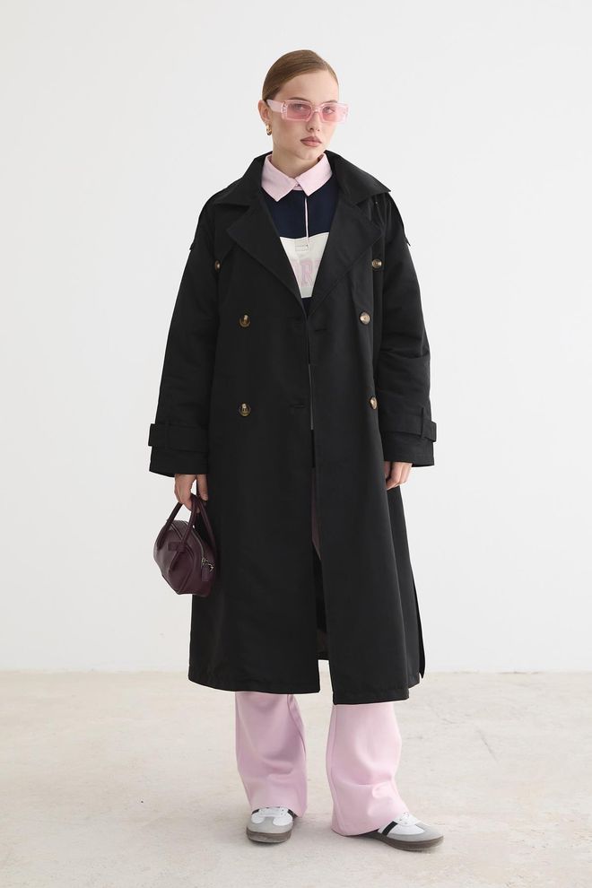 Levure Trench Coat Noir Double Boutonnage Boutons Classiques Vêtements en gros Décontracté
