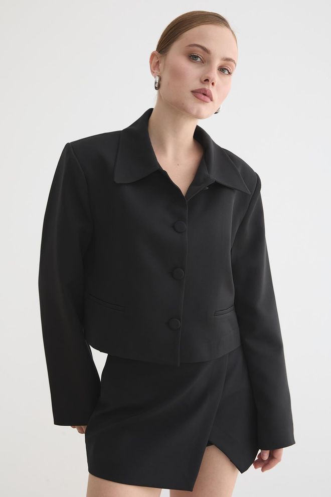 Levure Schwarzer Eleganter Slim Fit Einreihiger Mantel Großhandelskleidung Lässig