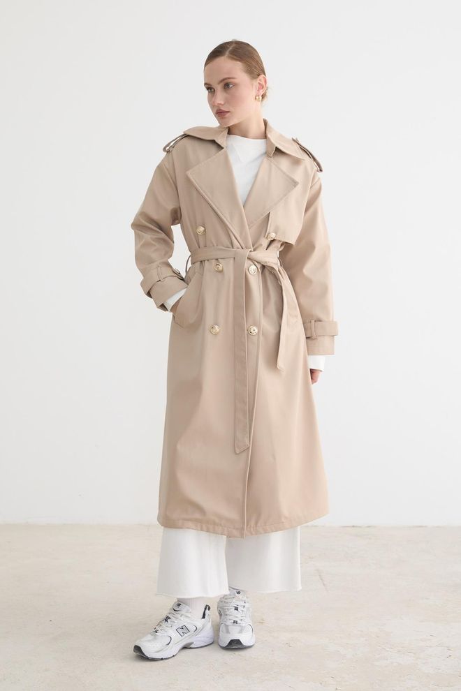Levure Beige Trenchcoat Mit Gekerbtem Kragen Und Binden Großhandelskleidung 1