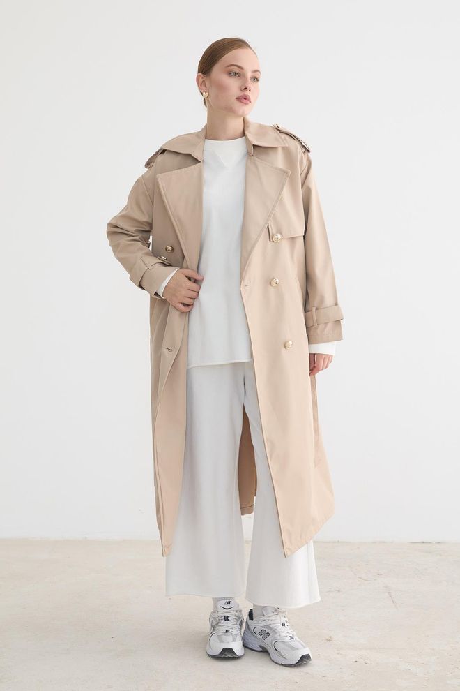 Levure Trench Coat Beige Avec Col Cranté Et Fermeture Cravate Vêtements en gros Modeste