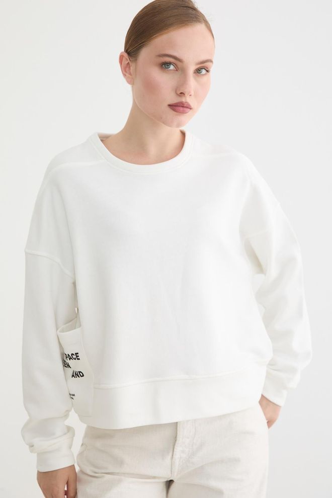 Levure Beyaz Sweatshirt Gündelik Sokak Tarzı Toptan Giyim Gündelik