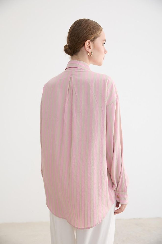 Levure Pink Striped Casual Shirt With Notched Neck Wholesale Clothing Spring