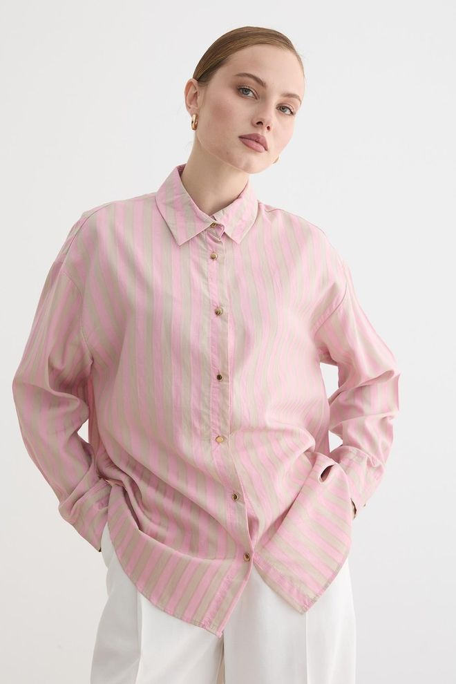Levure Pink Striped Casual Shirt With Notched Neck Wholesale Clothing 1