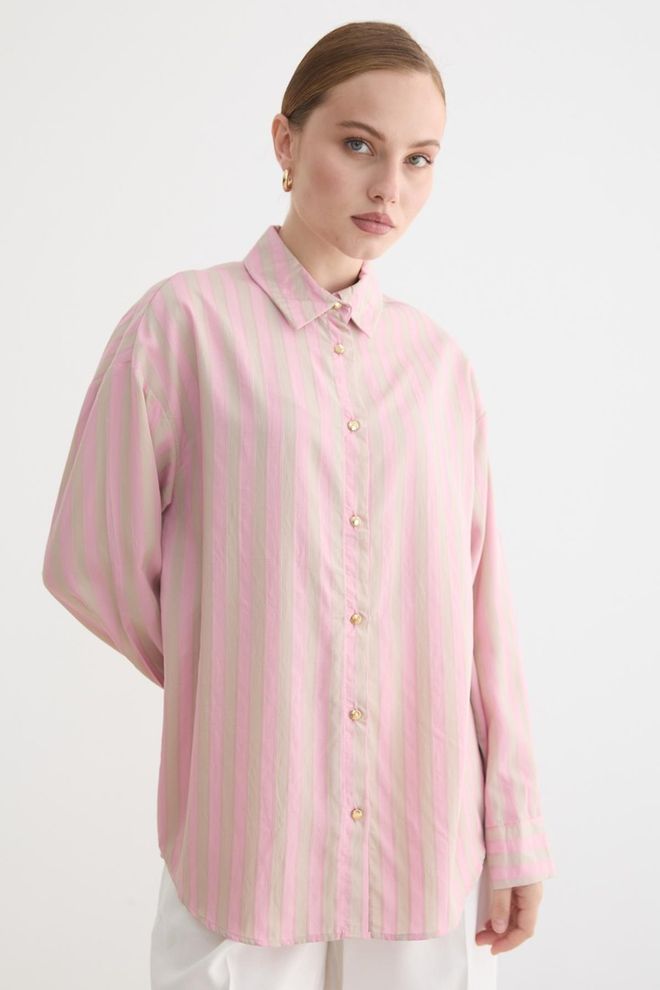 Levure Pink Striped Casual Shirt With Notched Neck Wholesale Clothing Lounge