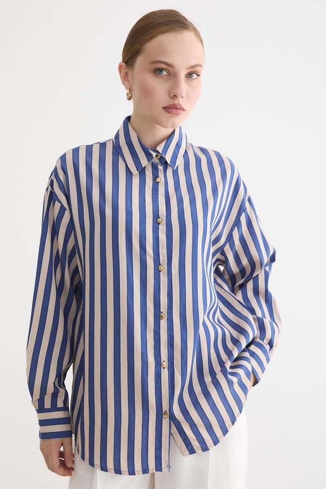 Levure Chemise Rayée Bleue Grande Taille Avec Encolure Échancrée Vêtements en gros Décontracté