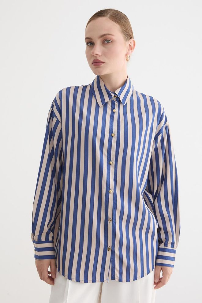 Levure Μπλε Ριγέ Πουκάμισο Μεγάλη Μέγεθος Με Notched Λαιμόκοψη Χονδρικό εμπόριο ενδυμάτων 1