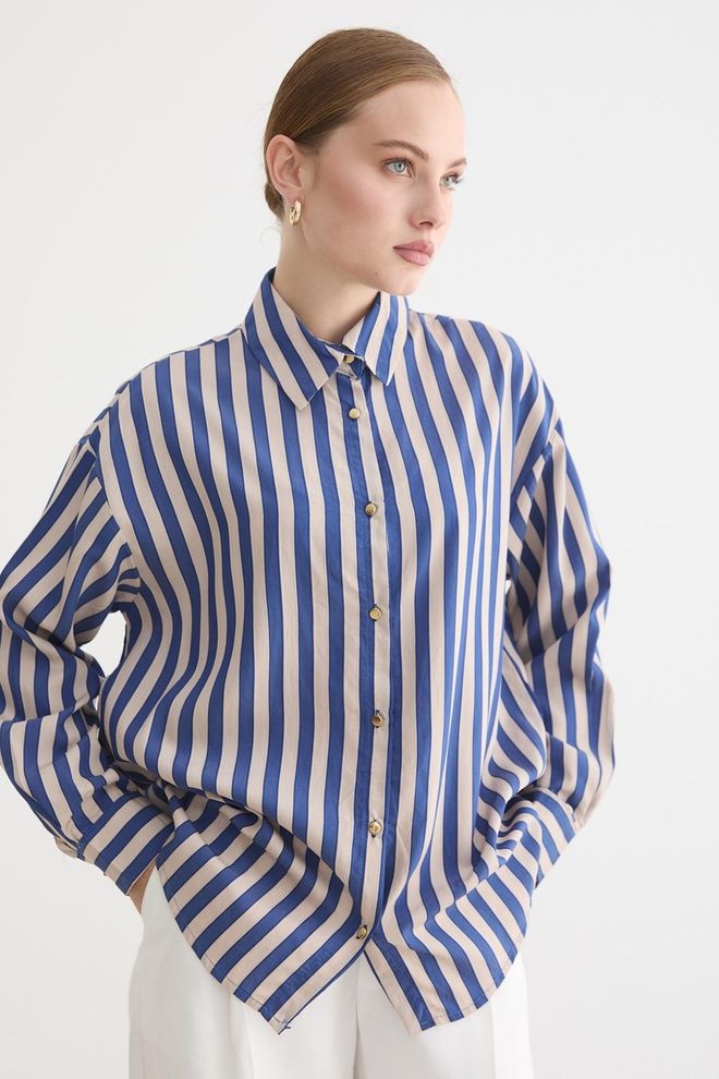 Levure Μπλε Ριγέ Πουκάμισο Μεγάλη Μέγεθος Με Notched Λαιμόκοψη Χονδρικό εμπόριο ενδυμάτων Εργασία