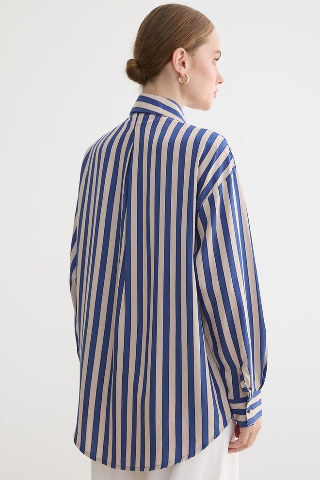 Levure Μπλε Ριγέ Πουκάμισο Μεγάλη Μέγεθος Με Notched Λαιμόκοψη Χονδρικό εμπόριο ενδυμάτων Άνοιξη