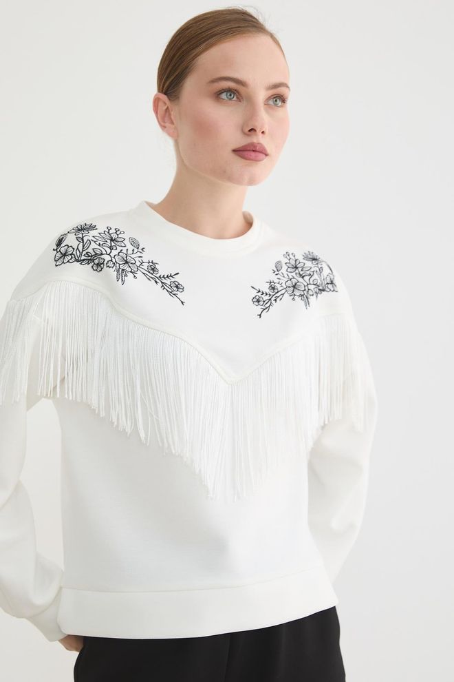 Levure Çiçekli Ve Düz Desenli Beyaz Sweatshirt Toptan Giyim Gündelik