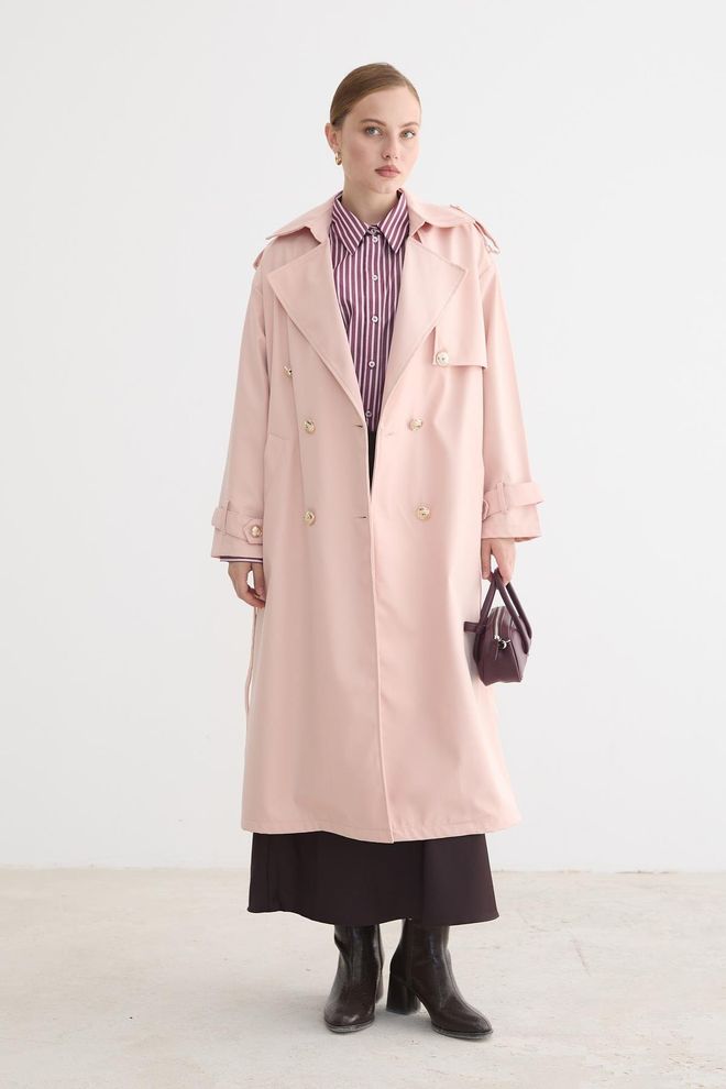 Levure Trench Coat Rose Élégant Double Boutonnage Vêtements en gros Décontracté