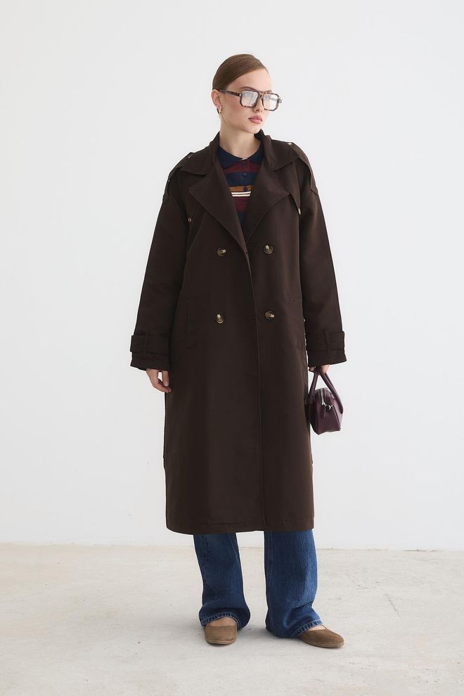 Levure Trench Coat Brun Double Boutonnière Enveloppant Vêtements en gros Décontracté