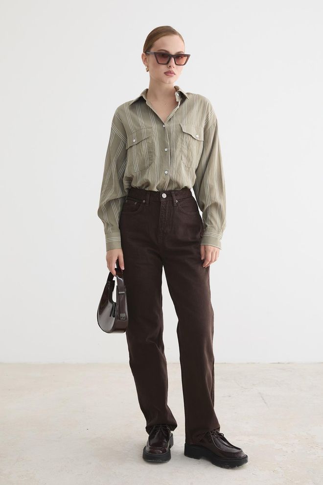 Levure Chemise Rayée Kaki Grande Taille Vêtements en gros Décontracté