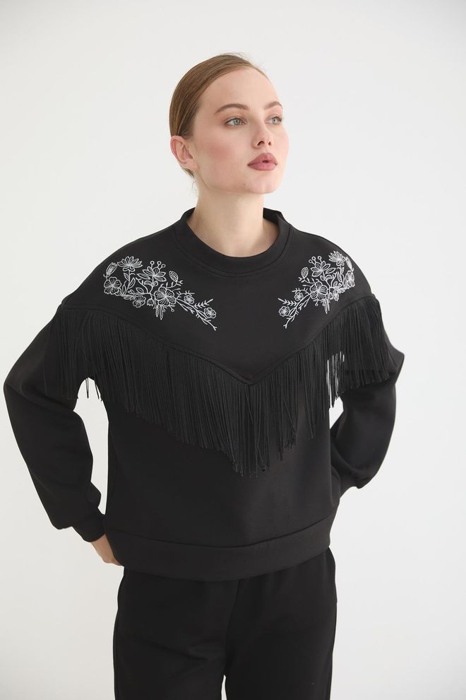 Levure Sweat Shirt Noir Avec Motif Floral Et Col Rond Vêtements en gros Décontracté