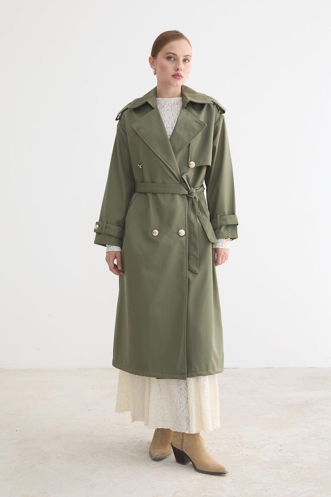 Levure Trench Coat Vert Élégant Simple Boutonnage Vêtements en gros Modeste