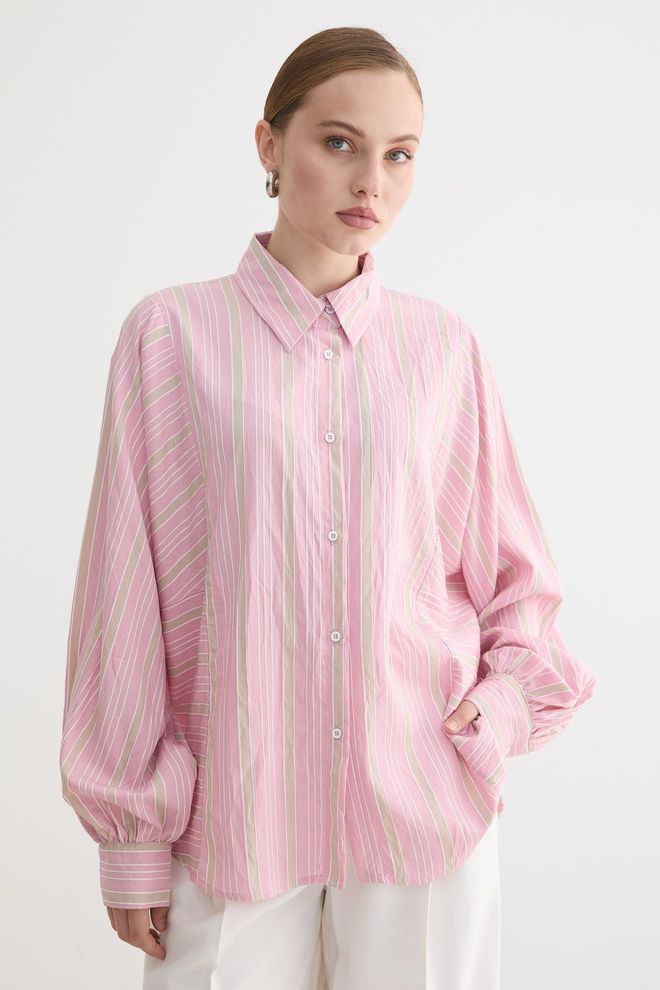 Levure Chemise Rose Décontractée Rayée Grande Taille Vêtements en gros Décontracté