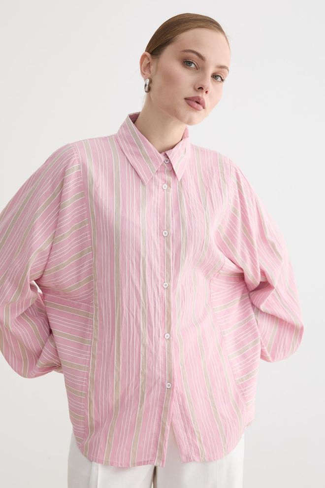 Levure Pink Casual Striped Oversized Shirt Wholesale Clothing Lounge