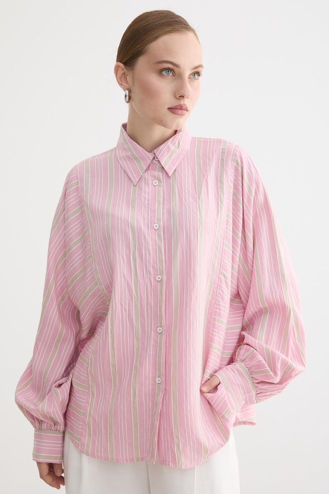 Levure Pink Casual Striped Oversized Shirt Wholesale Clothing 1