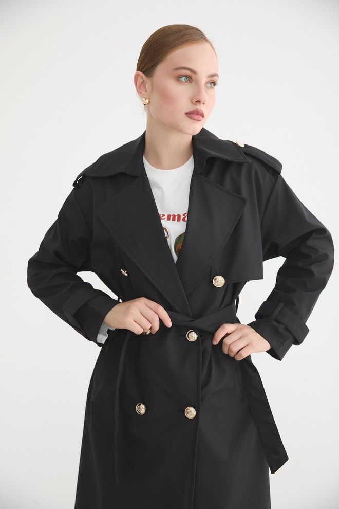 Levure Schwarz Trenchcoat Zweireiher Elegant Formal Großhandelskleidung Arbeit