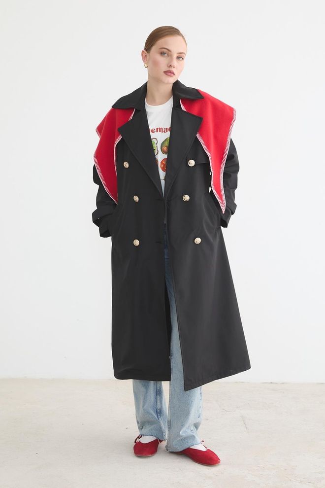 Levure Noir Trench Coat Double Boutonnière Élégant Formel Vêtements en gros Décontracté
