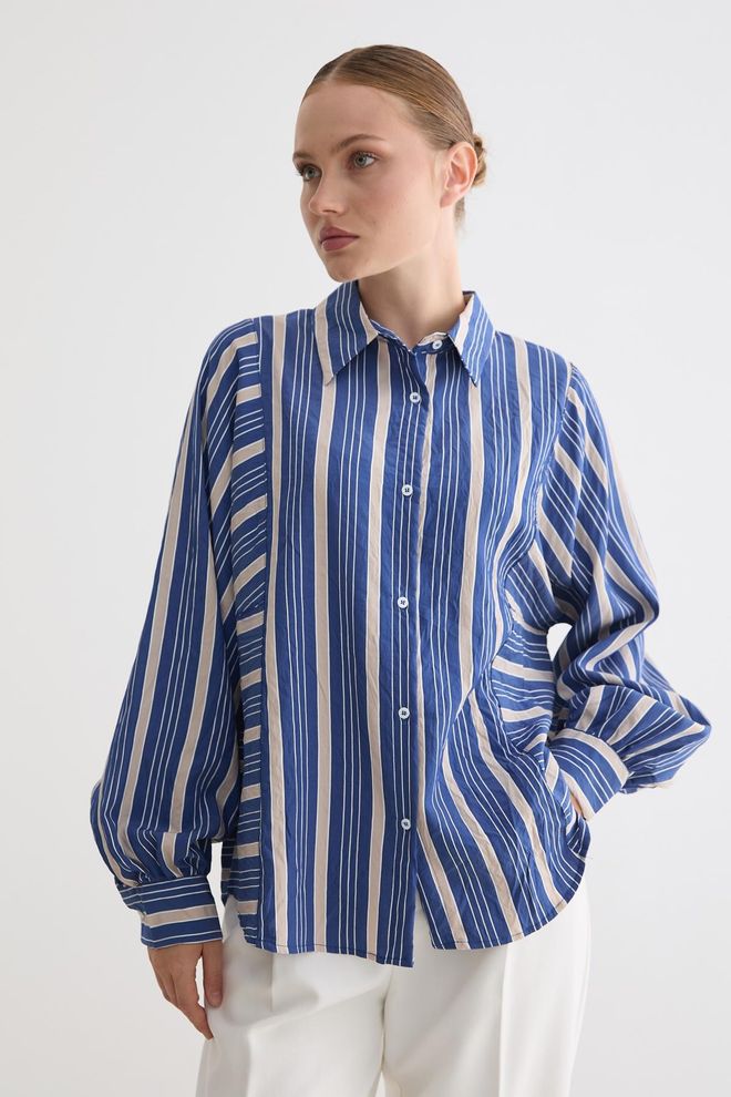 Levure Blue Casual Elegant Vintage Retro Striped Shirt Wholesale Clothing 1