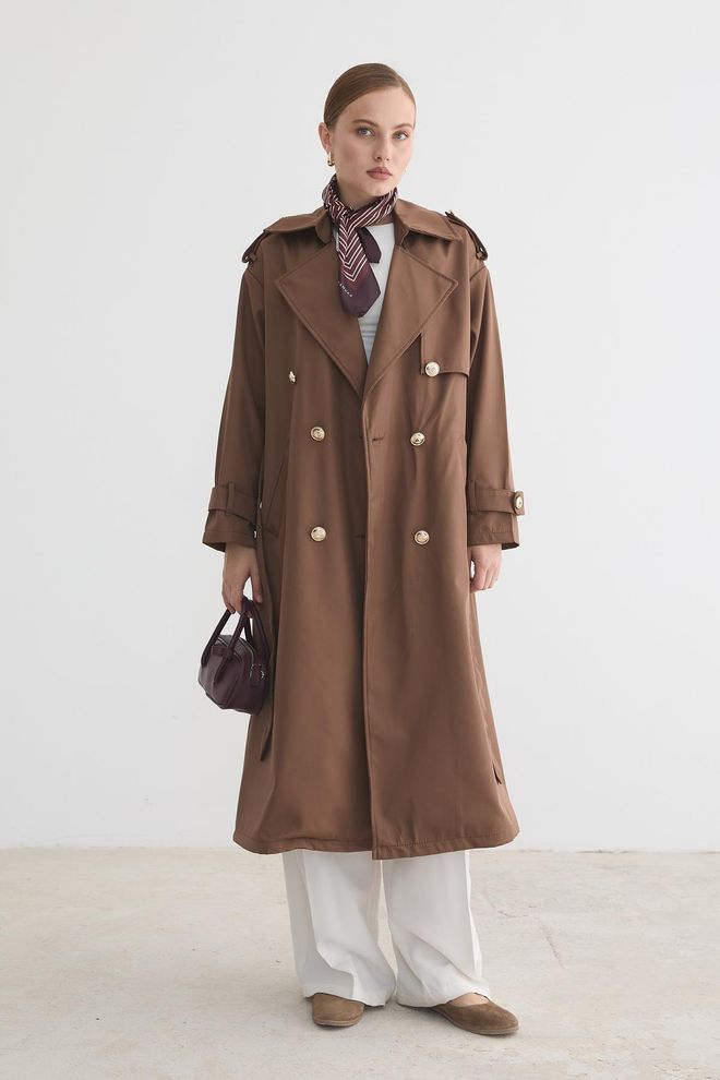 Levure Trench Coat Brun Double Boutonnière Enveloppant Vêtements en gros Décontracté