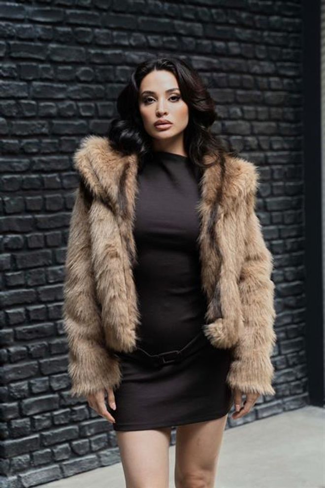 Levure Kahverengi Kürk Ceket Kapüşonlu Yaka İle Toptan Giyim Nostaljik