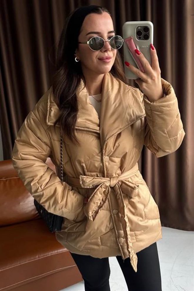 Levure Bej Şişme Anvelop Kaban Çentikli Yakalı Toptan Giyim Gündelik