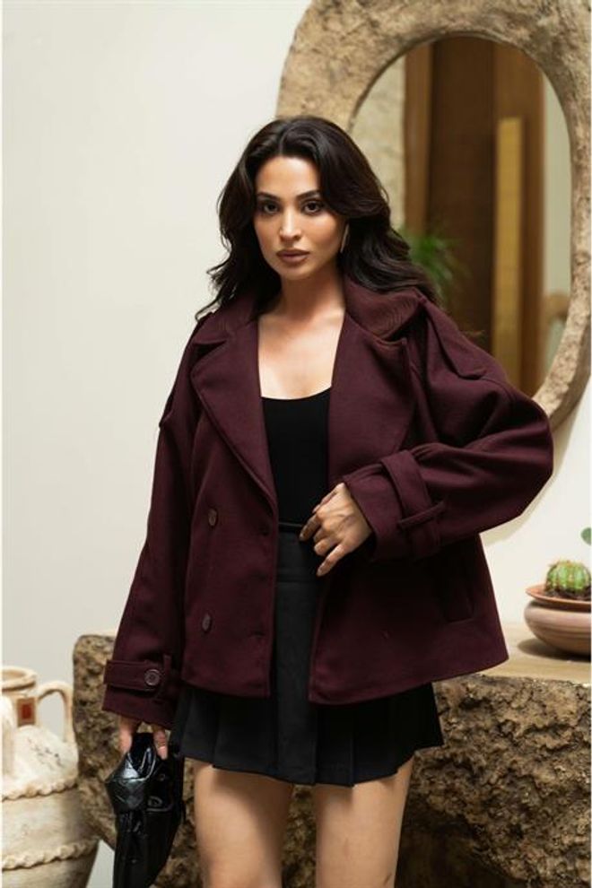 Levure Bordo Zarif Tek Düğmeli Pea Kaban Toptan Giyim Gündelik
