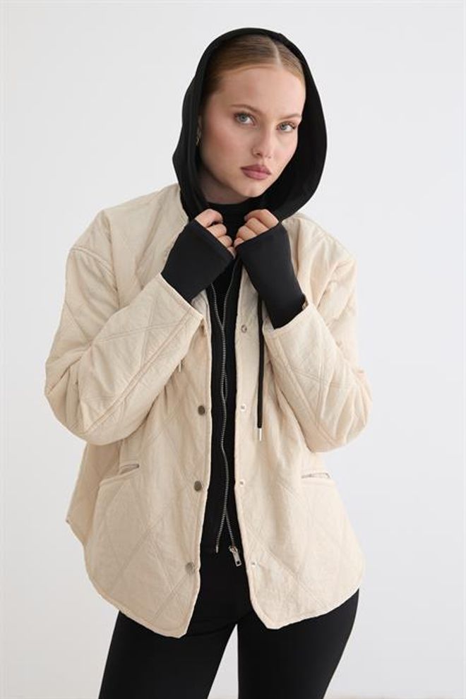 Levure معطف بيج مبطن مع طوق مقنع غير رسمي ملابس بالجملة صالة