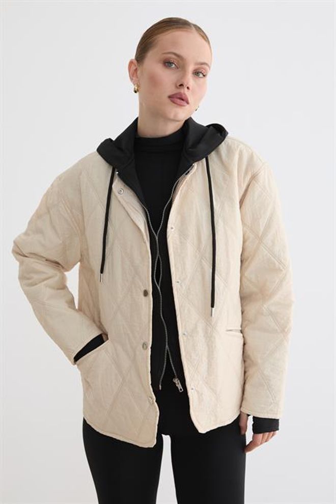 Levure معطف بيج مبطن مع طوق مقنع غير رسمي ملابس بالجملة 1