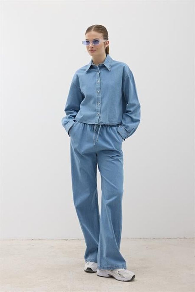 Levure Blue Palazzo Pants With Wide Leg And Drawstring Wholesale Clothing Casual