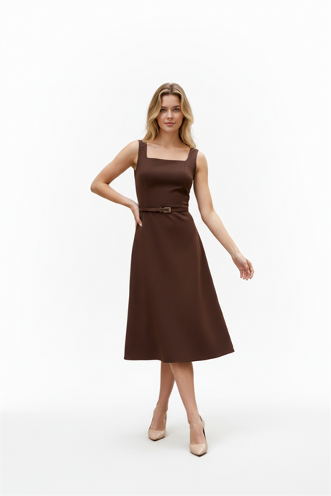 Levure Waist Belted Dress* Brown Wholesale Clothing 1