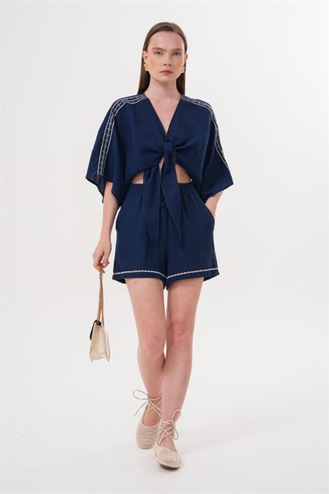 Levure Navy Blue Paper Bag Shorts Wholesale Clothing Casual