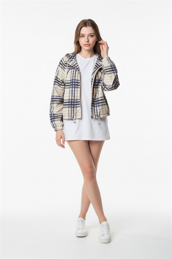 Levure معطف شاكيت بيج منقوش مع طوق مقنع ملابس بالجملة 1