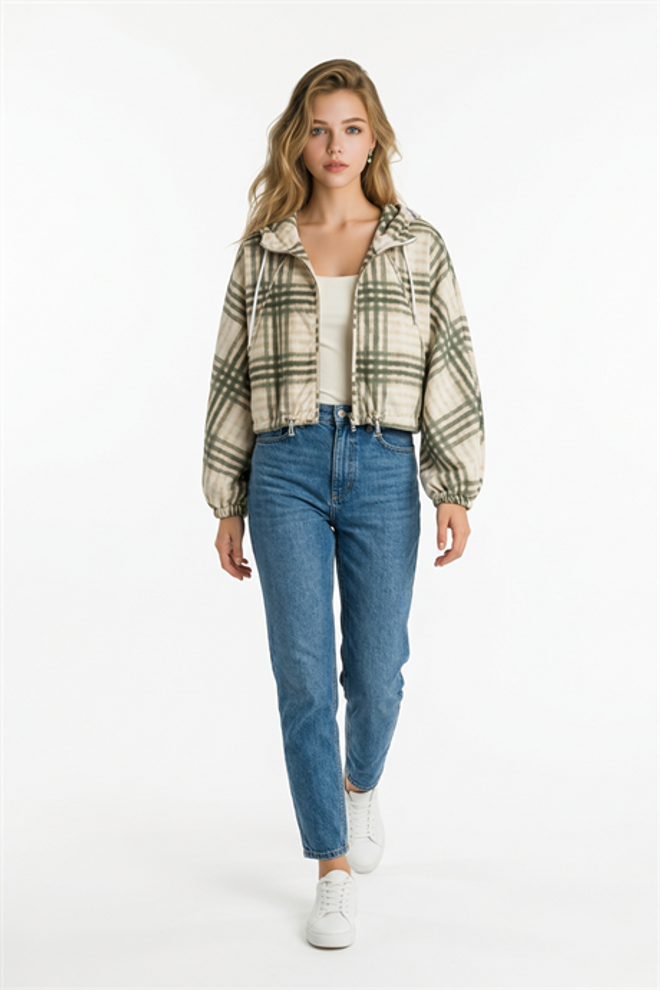 Levure Hooded Plaid Raincoat Khaki Wholesale Clothing 0