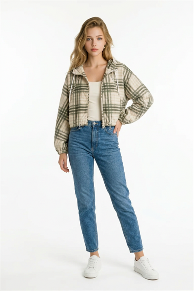 Levure Bej Ekose Bol Kesim Kapüşonlu Crop Kaban Toptan Giyim Ev Hali