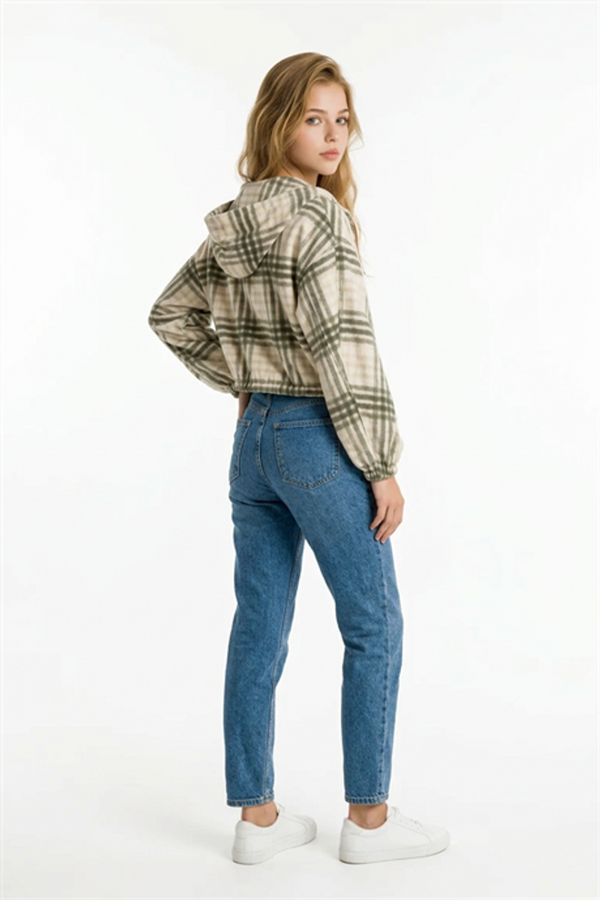 Levure Bej Ekose Bol Kesim Kapüşonlu Crop Kaban Toptan Giyim Bahar