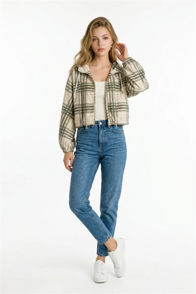 Levure Bej Ekose Bol Kesim Kapüşonlu Crop Kaban Toptan Giyim 1