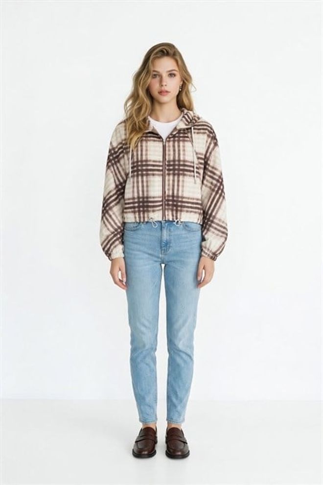 Levure Brown Plaid Hooded Crop Coat With Zip Up Wholesale Clothing Casual